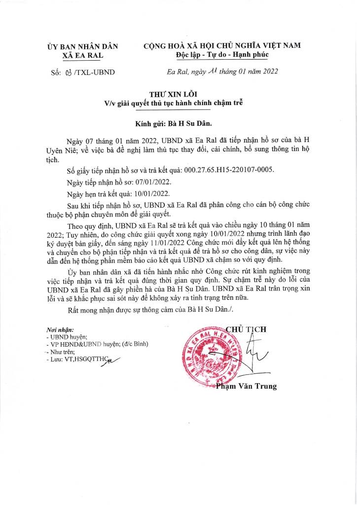 Thư xin lỗi vì giải quyết thủ tục hành chính trễ hạn của bà H Su Dan - Xã Ea Ral